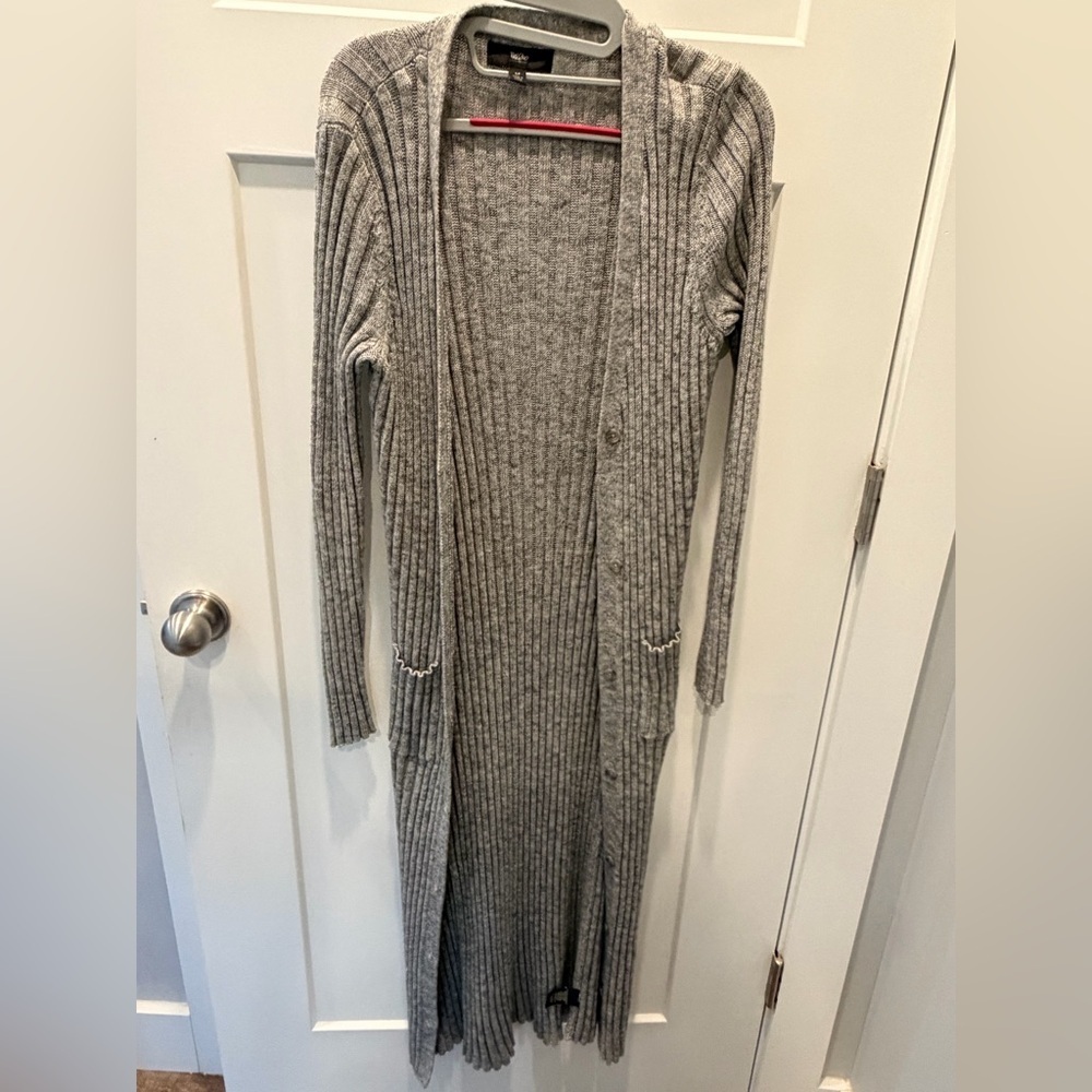 Mossimo Women Longline Ribbed Duster Cardigan Gray Open Front Sweater Pockets S